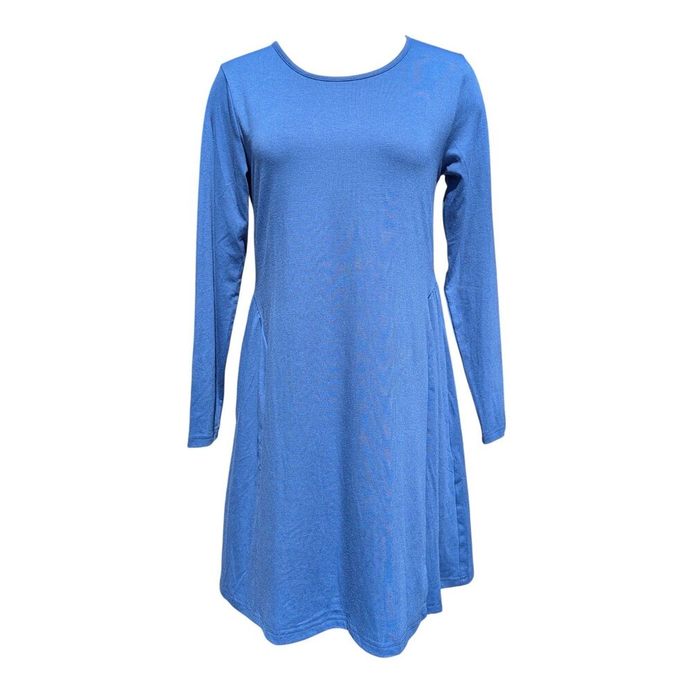 New Women's Blue Long Sleeve Tunic Dress Casual Flowy Aline Midi Top Comfort S